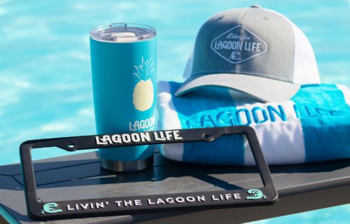Branded merchandise - license plate frame, tumbler, towel, and hat.